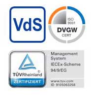 Kirchner und Tochter Flow Certificates VdS, DVGW, TÜV Rheinland